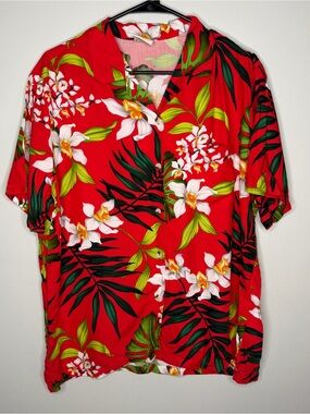 GO BAREFOOT Womens Hawaiian S/S Button Shirt XL Red Floral Tropical Surf